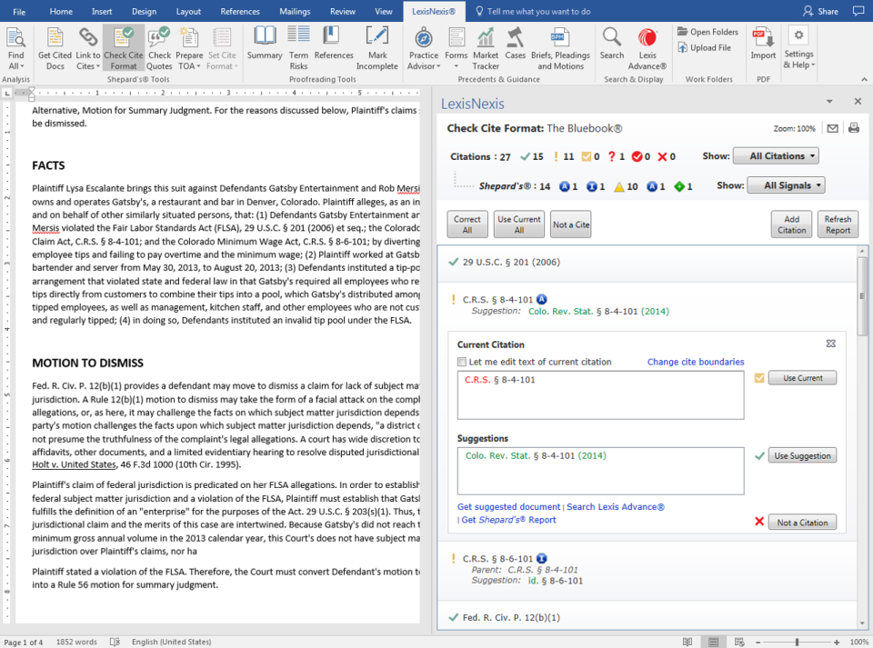 screenshot of Lexis for Microsoft Office